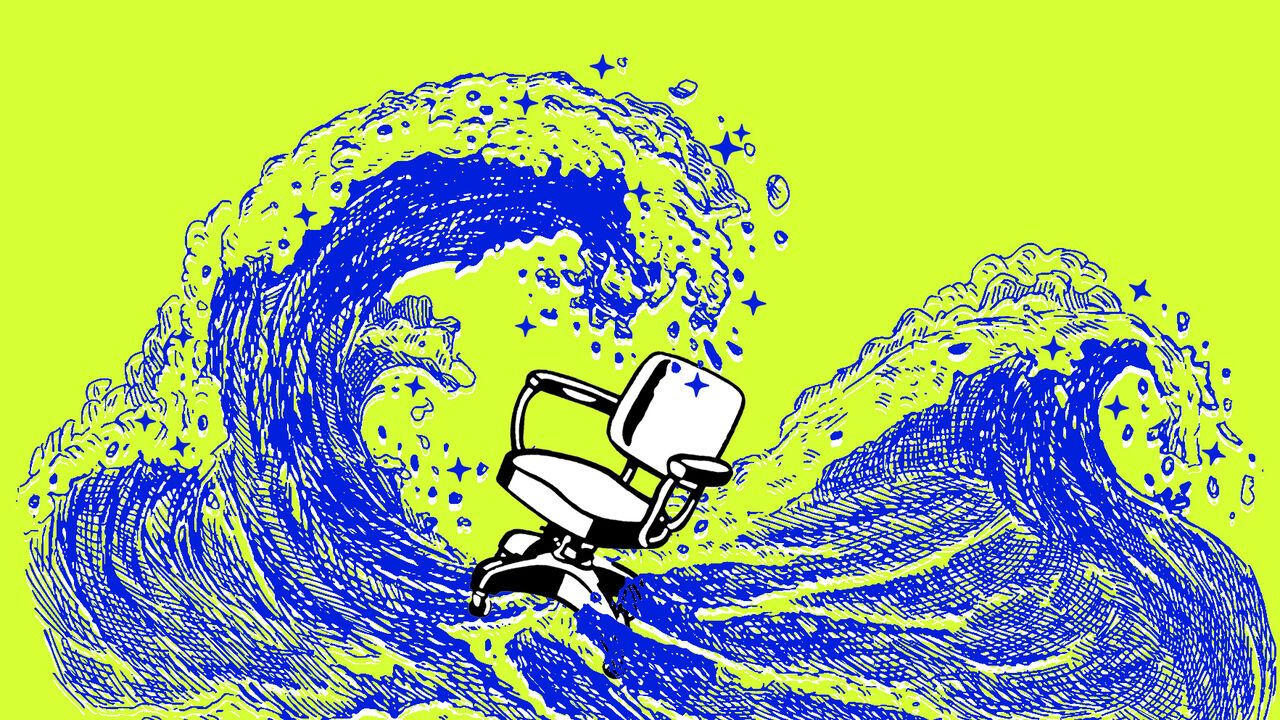 2026-05-16 ¡katie martin.jpgIllustration of a desk chair being swept up by a wave with AI sparkles